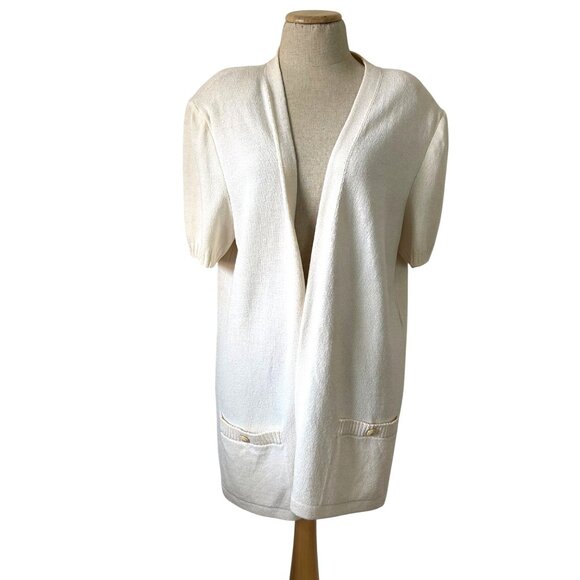 St. John Collection Sz Large Cream Knit Open Front Cardigan With Short Sleeves - Picture 11 of 11